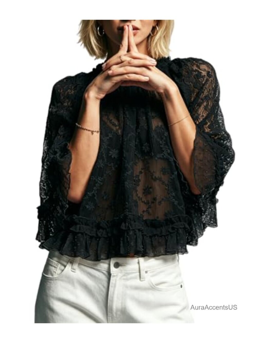 Women's Lace Cape Poncho Top Flowy Sheer Ruffle Trim Batwing Blouse Cover Up